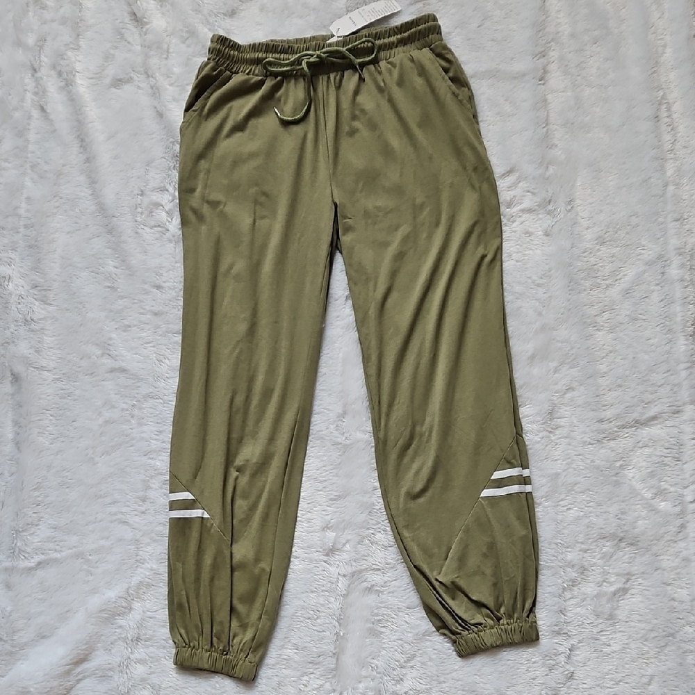 Olive Green Jogger Pants with White Stripes